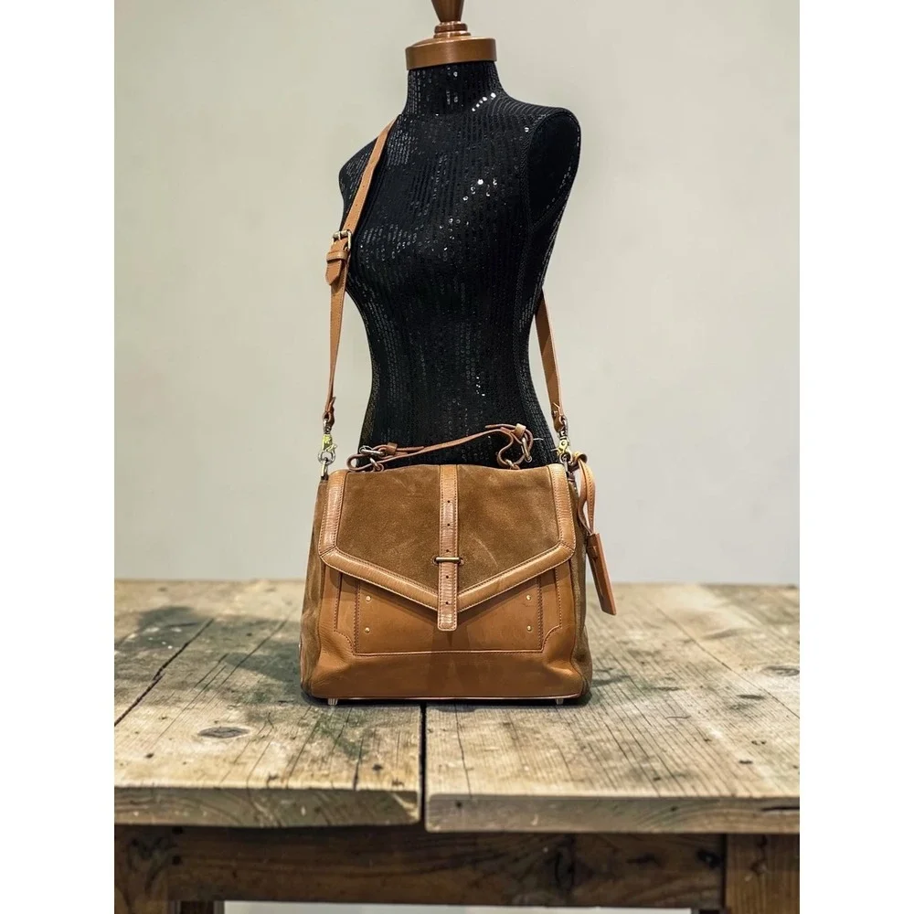 Tory Burch 797 Satchel Bag Womens Medium Tan Suede Leather Crossbody HTF-READ